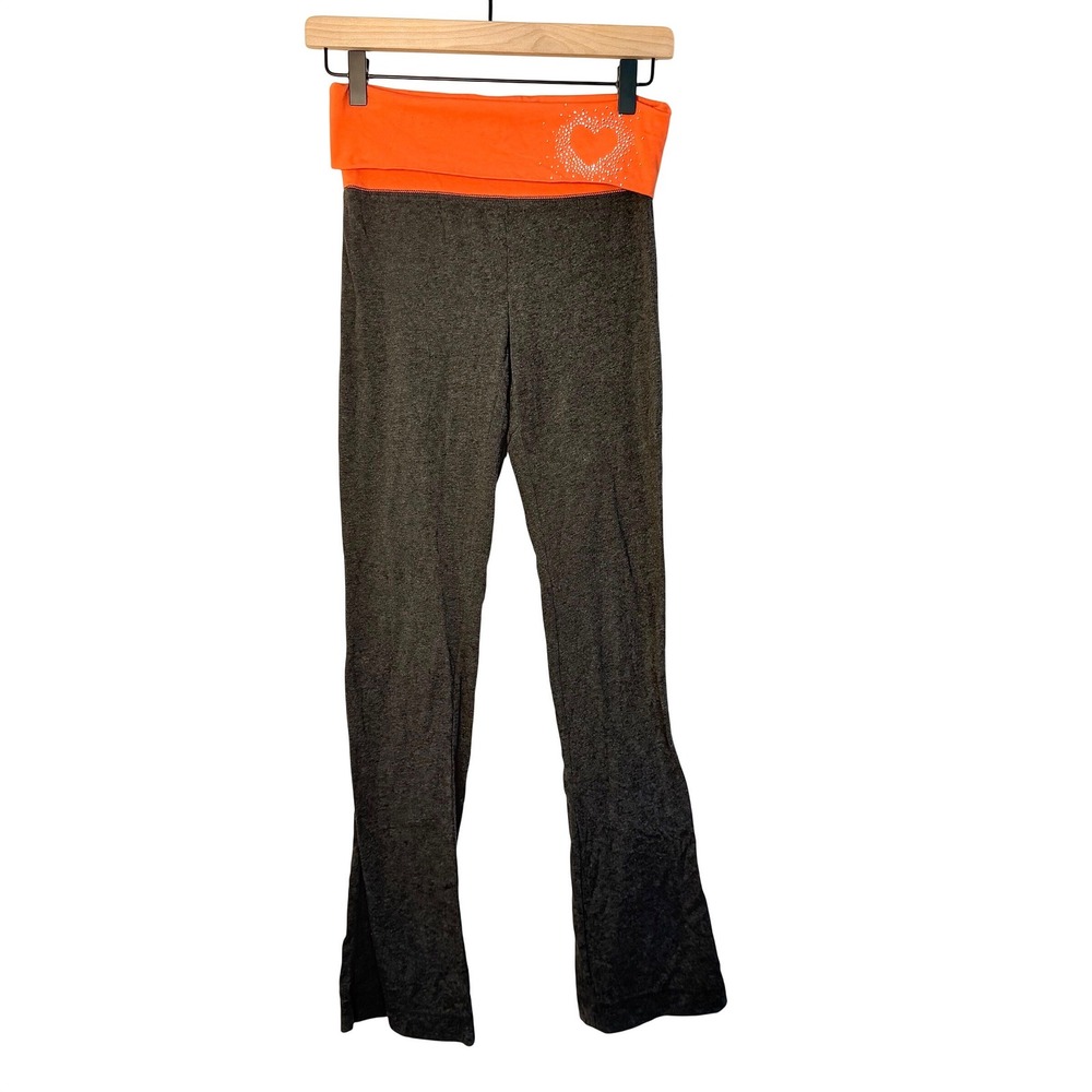 Vintage SO Orange Gray Foldover Leggings Wide Leg Y2K Heart Embellishment SZ XS